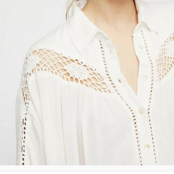 Free People Katie Bird White Medium Button Front Blouse Crochet Detail - Picture 3 of 12